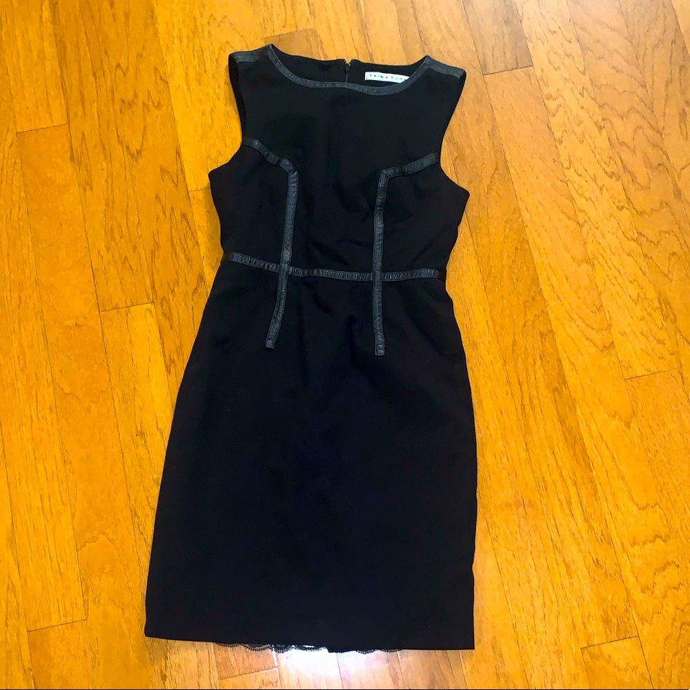 Trina Turk Black Body Con Midi Dress with Leather Details